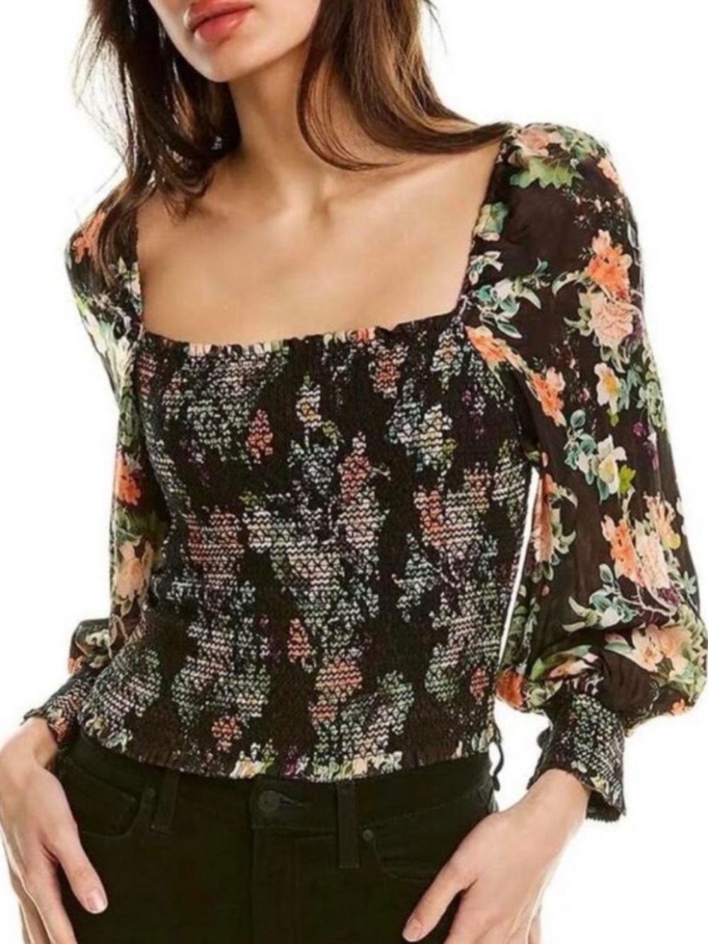 Alice + Olivia smocked  Blouse top boho Beautiful Floral Design Sz Xs